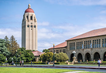 stanford campus clock tower, students walking